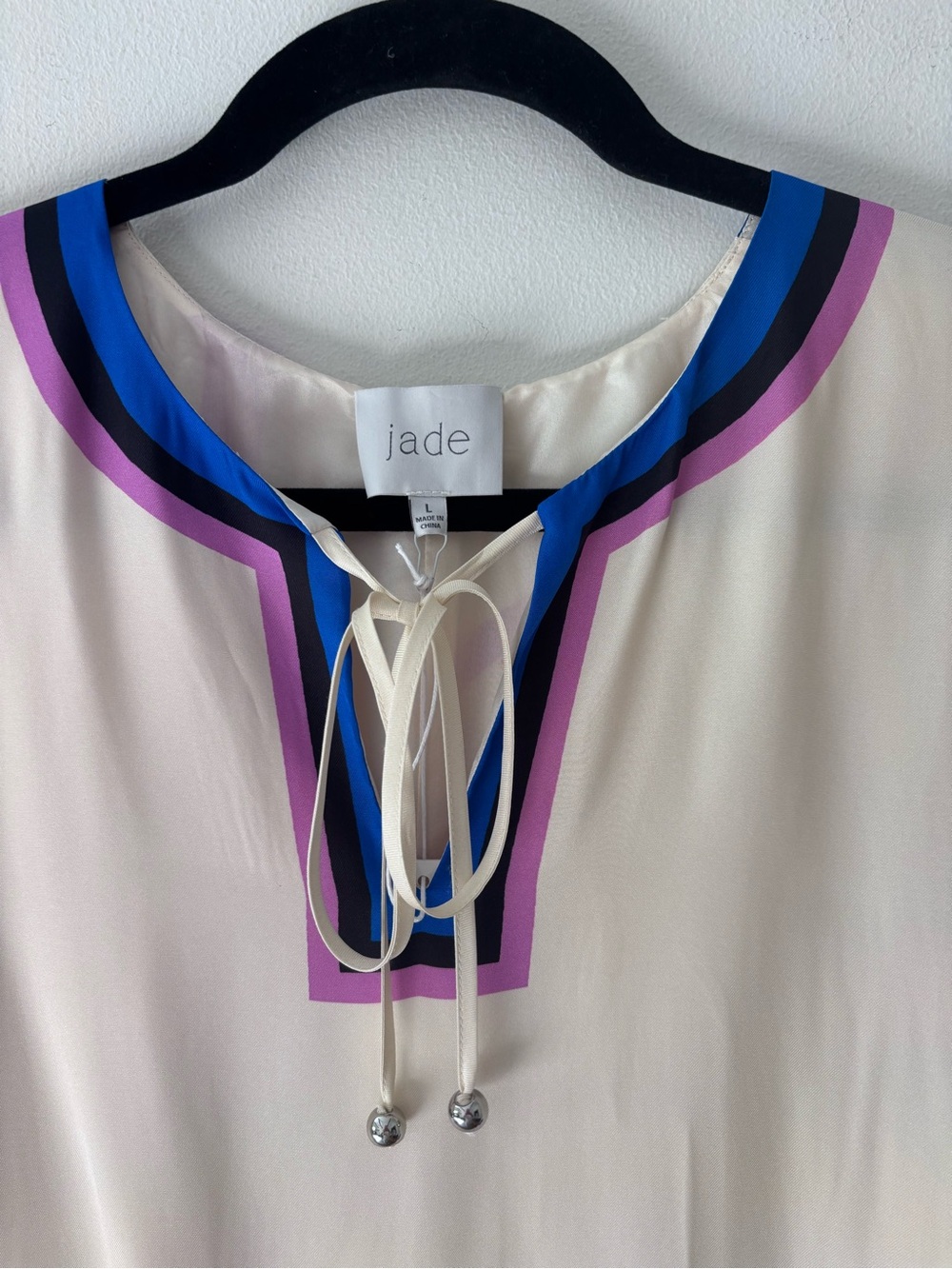 NWT Jade by Johnny Was Lorianne cream white blue silk graphic mini dress large - Picture 3 of 15